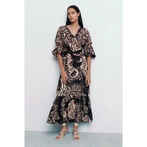 NWOT Zara linen blend botanical print brown & butter tan high waist skirt, XS